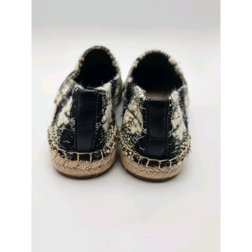 Tory Burch Logo Espadrille Flats Black Ivory Tweed Round Toe Slip-On sz 6.5